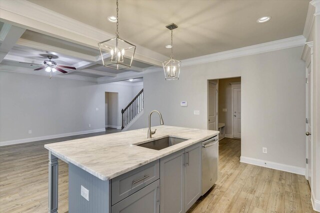 kitchen featuring ceiling fan with notable chandelier, sink, decorative light fixtures, a center island with sink, and dishwasher