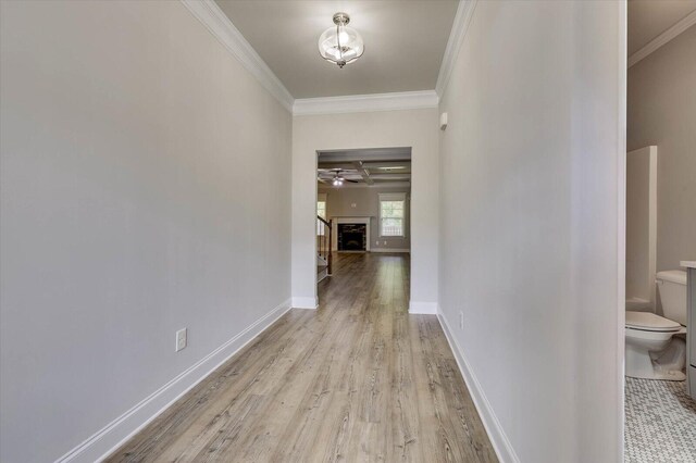 corridor with crown molding and light wood-type flooring