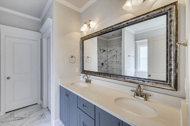 bathroom featuring a shower, vanity, and ornamental molding