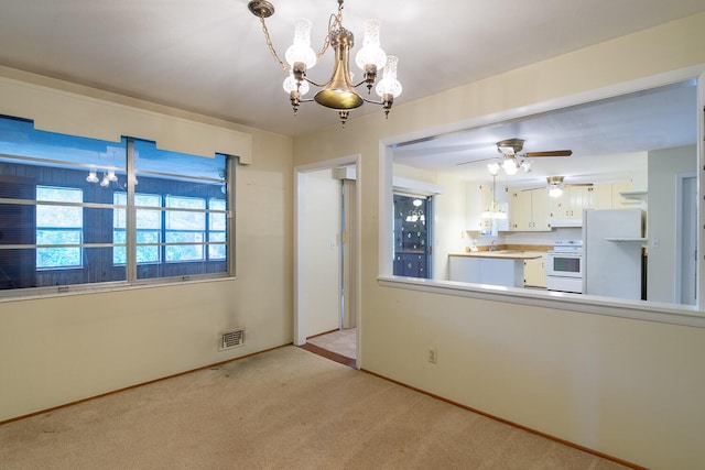 3437 Rushing Rd, Augusta, GA 30906 - interior space featuring a sink, carpet, ceiling fan with notable chandelier, baseboards, and visible vents