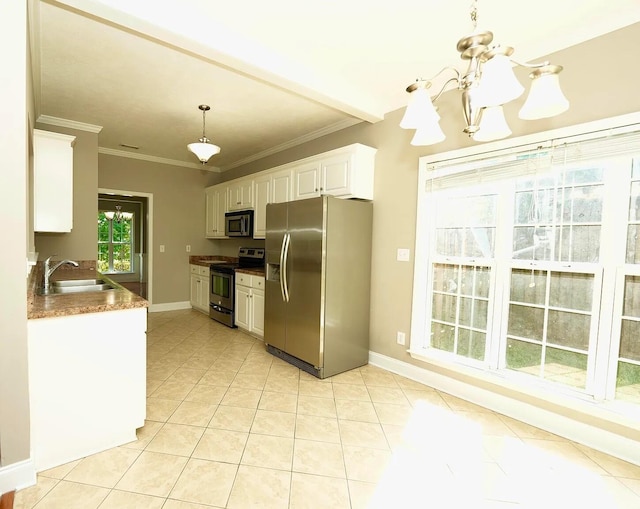 kitchen with sink, crown molding, hanging light fixtures, stainless steel appliances, and white cabinets