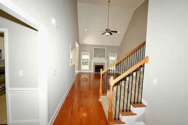 hall with hardwood / wood-style floors and high vaulted ceiling