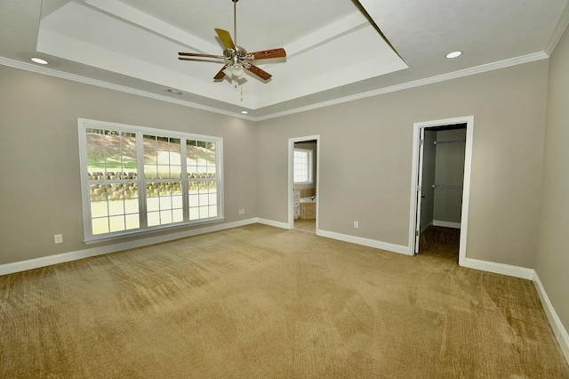 unfurnished bedroom with a spacious closet, ceiling fan, a tray ceiling, crown molding, and light carpet