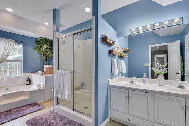 864 Chase Rd, Evans, GA 30809 - bathroom featuring a bath, a stall shower, tile patterned floors, double vanity, and recessed lighting
