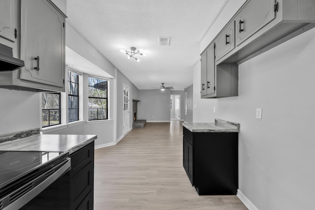 kitchen with visible vents, ventilation hood, light wood-style flooring, a textured ceiling, and a ceiling fan