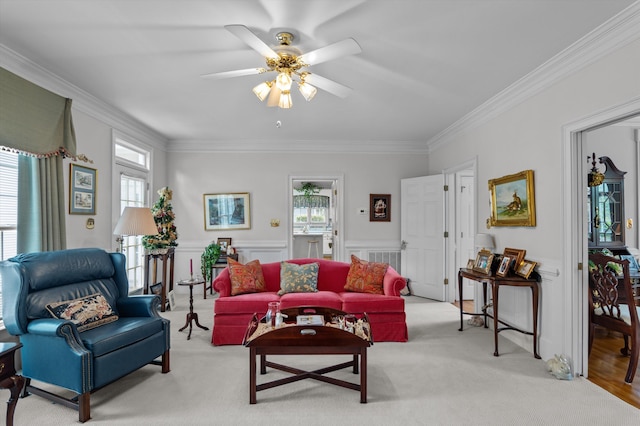 608 Saw Grass Dr, Martinez, GA 30907 - living area with a wainscoted wall, light carpet, ornamental molding, and a ceiling fan