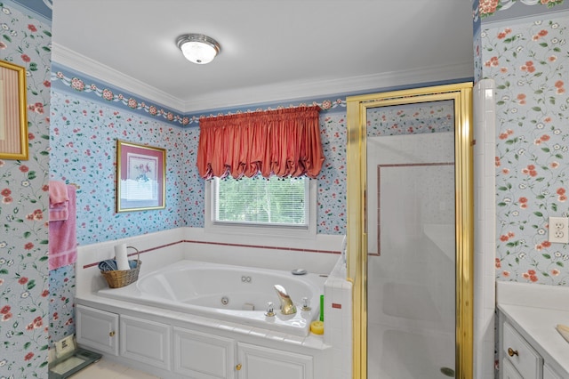 608 Saw Grass Dr, Martinez, GA 30907 - bathroom featuring wallpapered walls, a whirlpool tub, a shower stall, vanity, and ornamental molding
