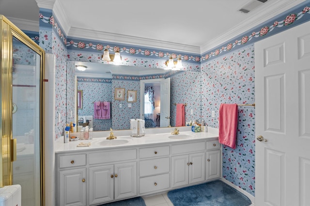 608 Saw Grass Dr, Martinez, GA 30907 - bathroom featuring a stall shower, a sink, wallpapered walls, crown molding, and visible vents