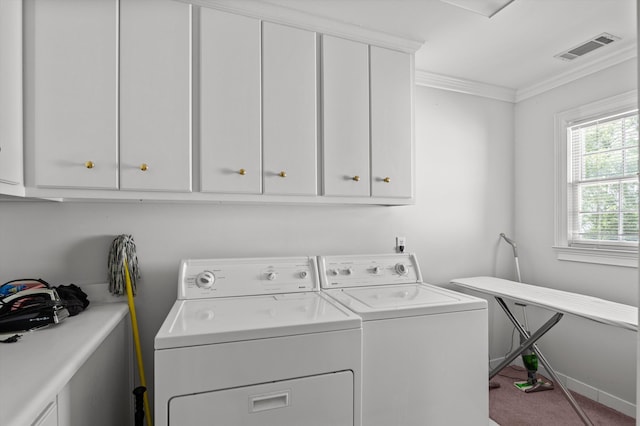 608 Saw Grass Dr, Martinez, GA 30907 - laundry area featuring cabinet space, carpet, visible vents, separate washer and dryer, and crown molding