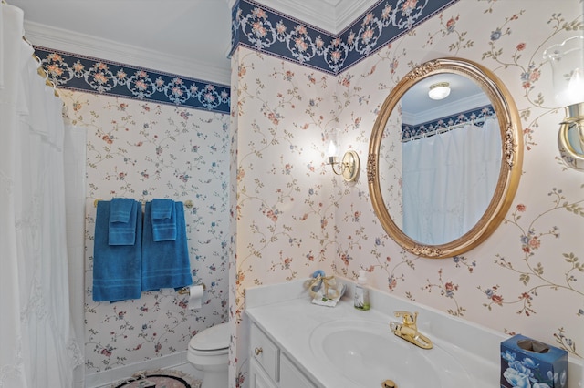 608 Saw Grass Dr, Martinez, GA 30907 - bathroom with crown molding, toilet, vanity, and wallpapered walls