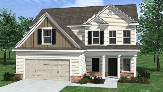 view of front of house with brick siding, board and batten siding, a front yard, and a porch