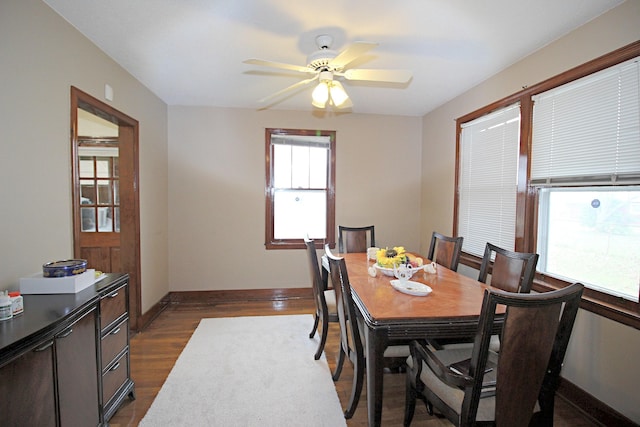 dining area featuring ceiling fan and dark wood-type flooring