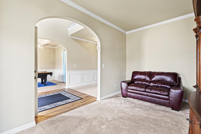 living area featuring light colored carpet, crown molding, and pool table