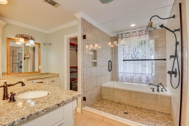 3129 Goolsby Rd, Blythe, GA 30805 - bathroom with a stall shower, vanity, ornamental molding, and a spacious closet