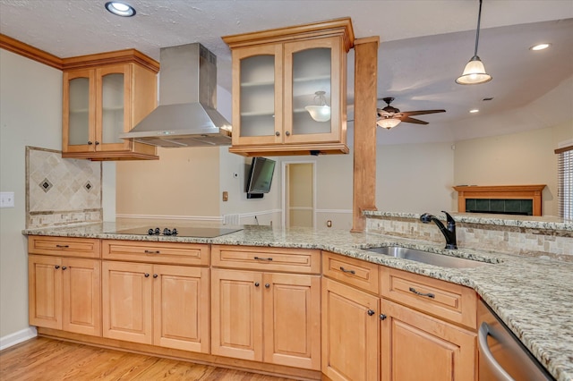 3129 Goolsby Rd, Blythe, GA 30805 - kitchen with wall chimney exhaust hood, black electric cooktop, stainless steel dishwasher, ceiling fan, and tasteful backsplash