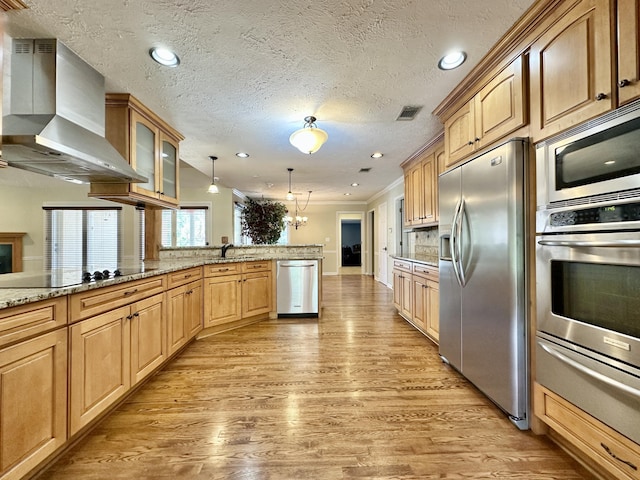 3129 Goolsby Rd, Blythe, GA 30805 - kitchen featuring appliances with stainless steel finishes, wall chimney range hood, a warming drawer, a peninsula, and light wood-type flooring