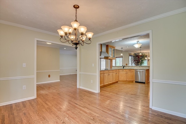 3129 Goolsby Rd, Blythe, GA 30805 - kitchen featuring dishwasher, wall chimney range hood, a chandelier, light wood-style flooring, and light brown cabinetry