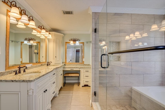 3129 Goolsby Rd, Blythe, GA 30805 - bathroom featuring double vanity, crown molding, a stall shower, tile patterned flooring, and a bath
