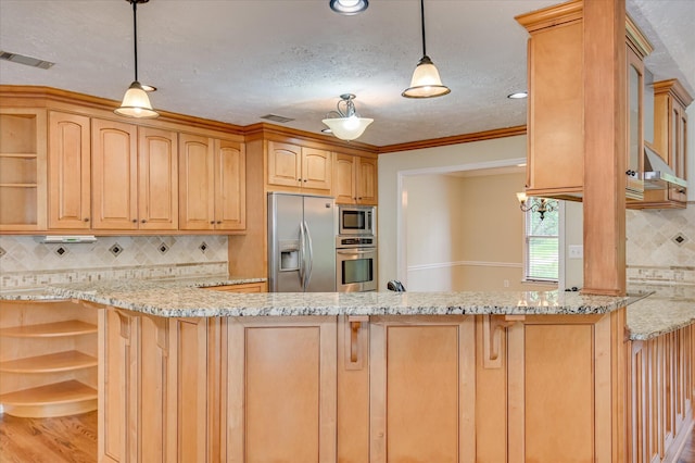 3129 Goolsby Rd, Blythe, GA 30805 - kitchen with appliances with stainless steel finishes, open shelves, decorative backsplash, light stone counters, and a peninsula