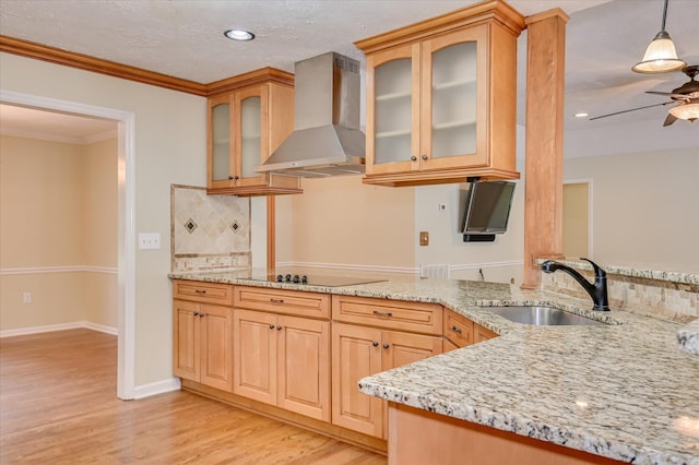 3129 Goolsby Rd, Blythe, GA 30805 - kitchen with wall chimney range hood, black electric stovetop, a ceiling fan, light wood finished floors, and light stone counters