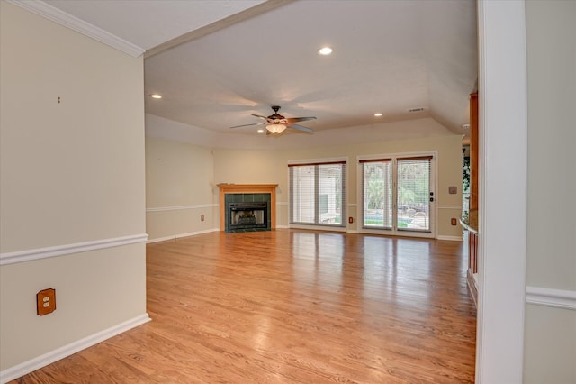 3129 Goolsby Rd, Blythe, GA 30805 - unfurnished living room with a ceiling fan, light wood-type flooring, a fireplace, recessed lighting, and crown molding