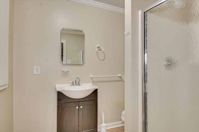 3129 Goolsby Rd, Blythe, GA 30805 - bathroom with a shower stall, vanity, and ornamental molding