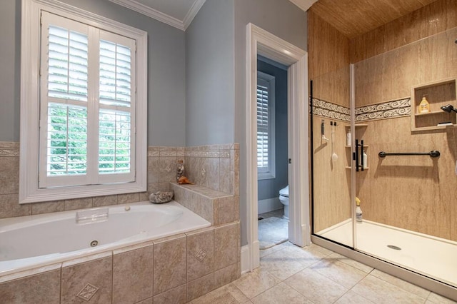 114 Altamaha Dr, North Augusta, SC 29841 - bathroom featuring toilet, a whirlpool tub, tile patterned flooring, ornamental molding, and healthy amount of natural light