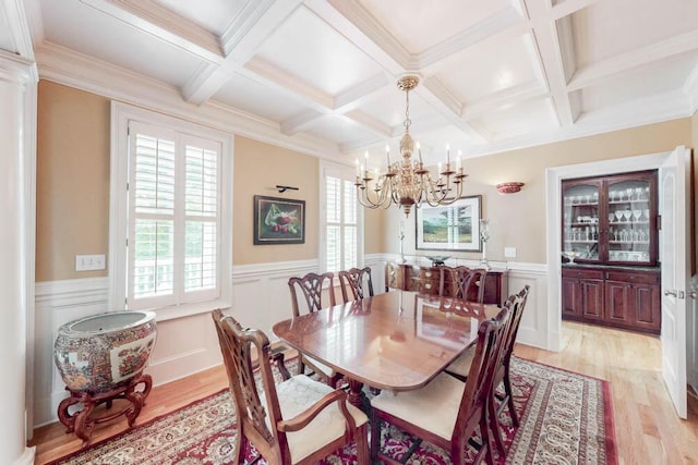 114 Altamaha Dr, North Augusta, SC 29841 - dining space with light wood-type flooring, plenty of natural light, coffered ceiling, a chandelier, and beam ceiling