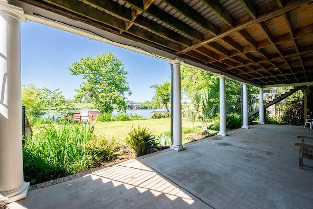 114 Altamaha Dr, North Augusta, SC 29841 - view of patio / terrace featuring a water view and stairs