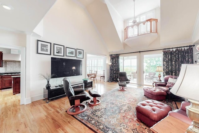 114 Altamaha Dr, North Augusta, SC 29841 - living room featuring a towering ceiling, light wood finished floors, and baseboards