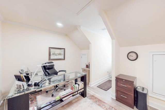 114 Altamaha Dr, North Augusta, SC 29841 - office area featuring lofted ceiling, attic access, baseboards, light wood finished floors, and recessed lighting