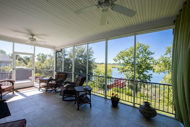 114 Altamaha Dr, North Augusta, SC 29841 - sunroom featuring ceiling fan and a water view