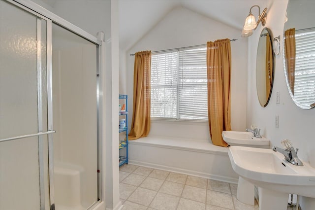 bathroom featuring vaulted ceiling, a bidet, sink, and walk in shower