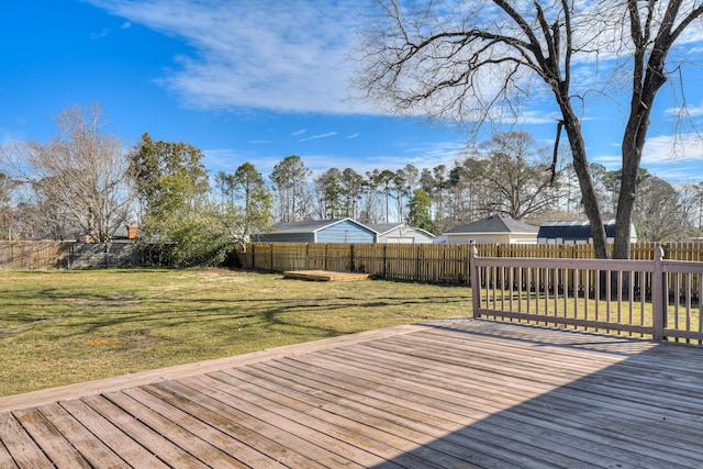 wooden terrace featuring a fenced backyard and a lawn