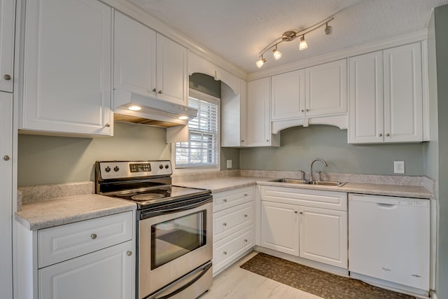 kitchen featuring stainless steel electric range, white dishwasher, white cabinets, and under cabinet range hood