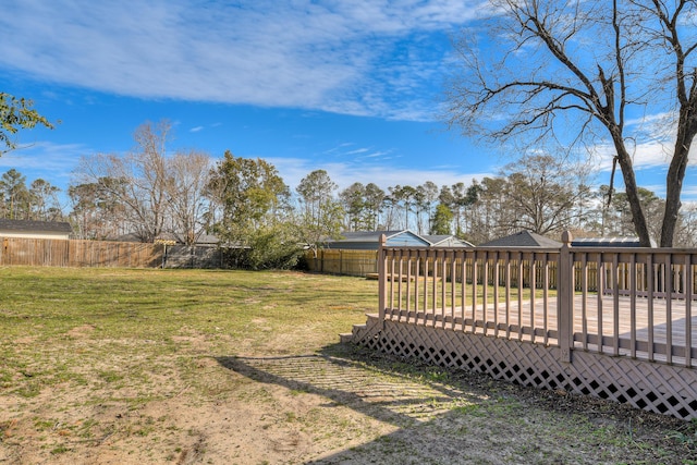 view of yard with a wooden deck and fence