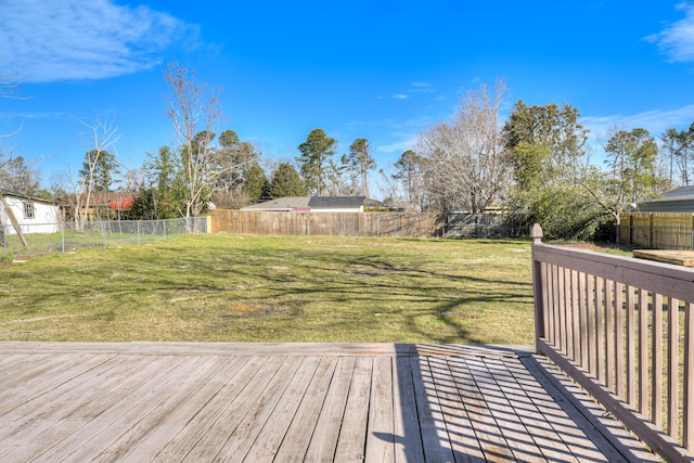 deck featuring a fenced backyard and a lawn