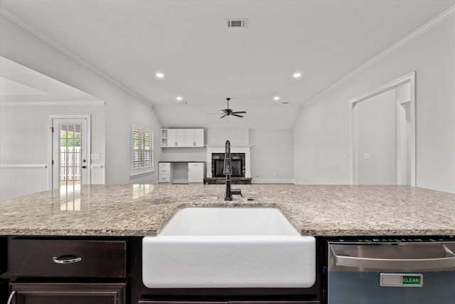 751 Bancroft Dr, Grovetown, GA 30813 - kitchen with dishwasher, a ceiling fan, crown molding, light stone counters, and recessed lighting