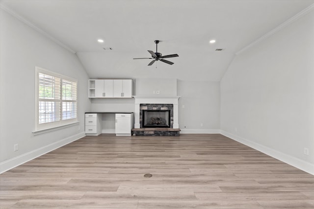 751 Bancroft Dr, Grovetown, GA 30813 - unfurnished living room featuring vaulted ceiling, ceiling fan, light wood-style floors, ornamental molding, and recessed lighting