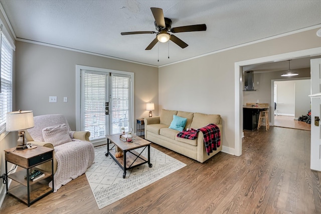 501 Beaufort Dr, Augusta, GA 30904 - living area featuring wood finished floors, a ceiling fan, crown molding, and a textured ceiling