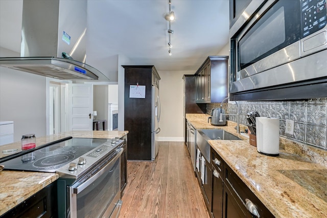 501 Beaufort Dr, Augusta, GA 30904 - kitchen with stainless steel appliances, island range hood, light wood-style flooring, and dark brown cabinetry
