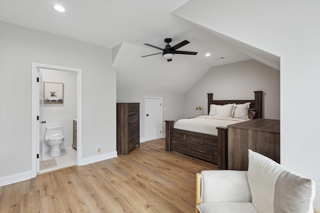 1513 Paris Ave, Swainsboro, GA 30401 - bedroom featuring recessed lighting, light wood-style flooring, vaulted ceiling, connected bathroom, and ceiling fan