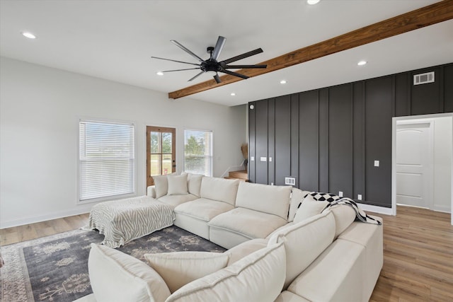 1513 Paris Ave, Swainsboro, GA 30401 - living area with ceiling fan, light wood finished floors, recessed lighting, and beamed ceiling