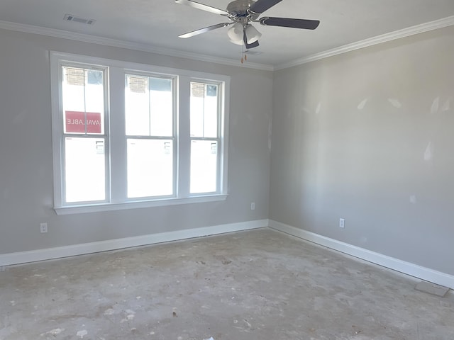 empty room with ornamental molding, visible vents, unfinished concrete flooring, and baseboards