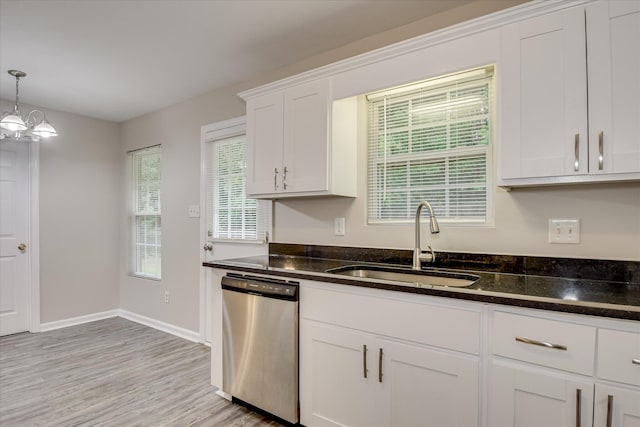 1907 Lobelia Ln, Augusta, GA 30906 - kitchen featuring stainless steel dishwasher, a sink, white cabinets, light wood-style floors, and hanging light fixtures