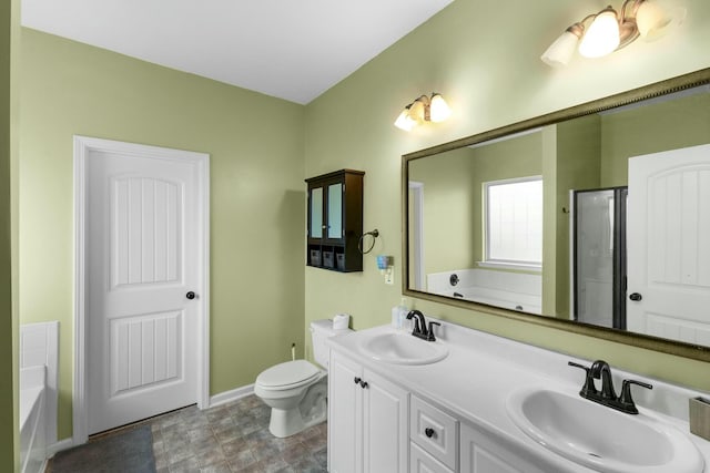 full bathroom with toilet, vanity, and shower with separate bathtub