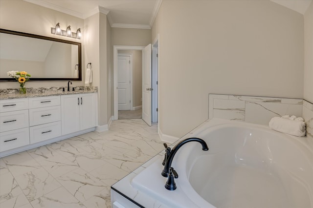 635 River Oaks Ln, Evans, GA 30809 - full bathroom with marble look tiles, vanity, a bath, and ornamental molding