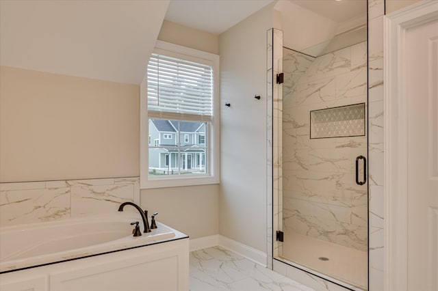 635 River Oaks Ln, Evans, GA 30809 - full bathroom featuring marble look tiles, a bath, a marble finish shower, and healthy amount of natural light