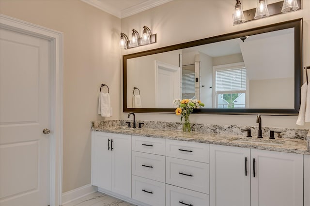 635 River Oaks Ln, Evans, GA 30809 - full bath with double vanity, marble look tile flooring, and crown molding