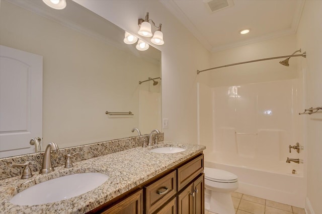 full bathroom featuring tile patterned floors, ornamental molding, vanity,  shower combination, and toilet